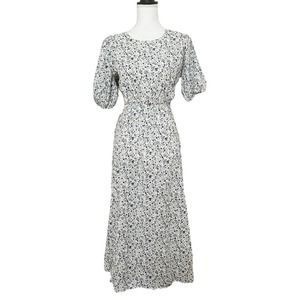 LUSH Floral blue Skyline Midi Dress Sz M Short Puff Slv Cutout Back Tie Waist